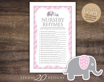 Instant Download Pink Elephant Nursery Rhyme Quiz, Pink Grey Nursery Rhymes Game, Girl Elephant Baby Shower Games, Pink Elephant Games #22B