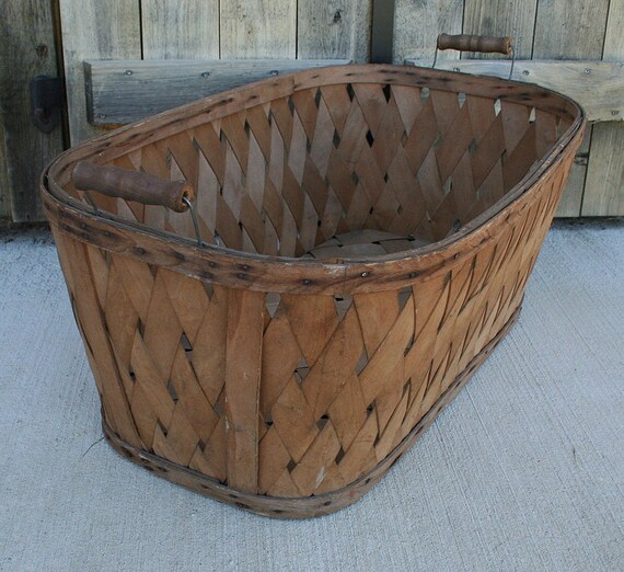 Vintage Woven Slat Large Laundry Basket Harvest Basket