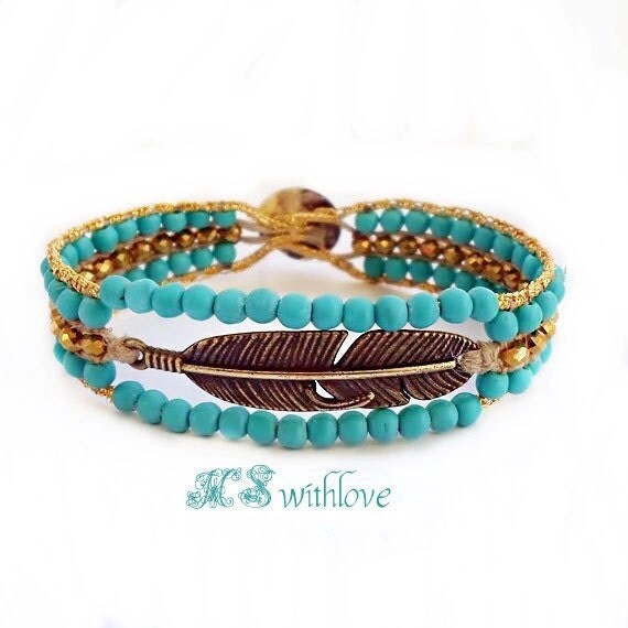 Turquoise Cuff Bracelet Bronze Feather Cuff Bracelet Golden