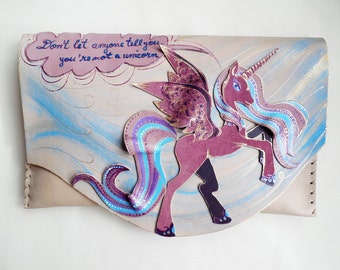 Unicorn clutch Purple unicorn leather purse Painted unicorn bag Blue unicorn bag Unusual clutch Funny message bag Unique leather clutch