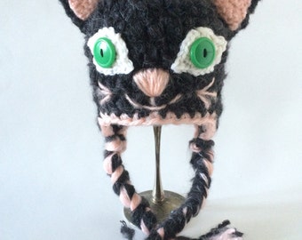 Crochet Ear Flap Hat Baby- Mohair Kitty Cat size newborn