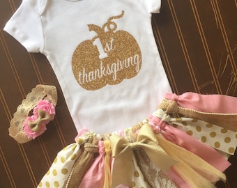 Pink and Gold Tutu Set - Gold Onsie - Fall baby outfit 1st Birthday Outfit - Baby Girl Tutu - Thanksgiving Outfit - Pumpkin Tutu - 1st Fall