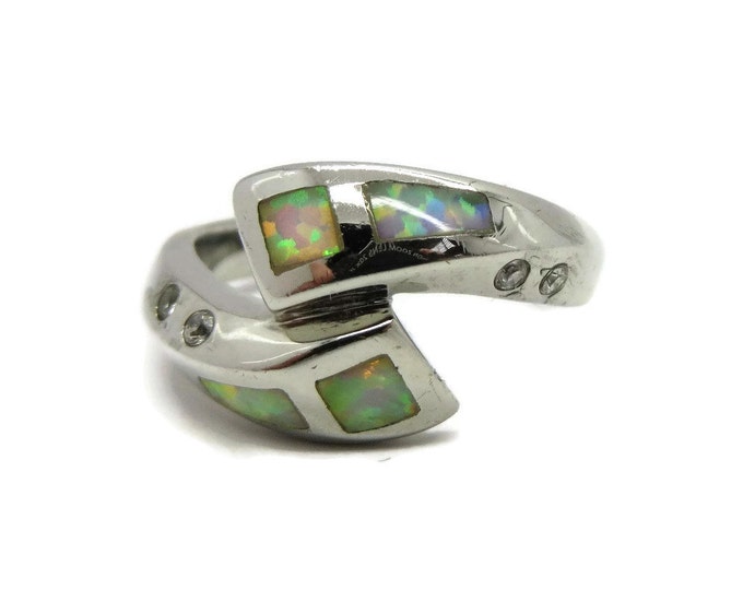 Sterling Silver Fire Opal Ring - Vintage Opal and CZ Wrap Ring, Valentine's Day, Birthday Gift, Size 5.5