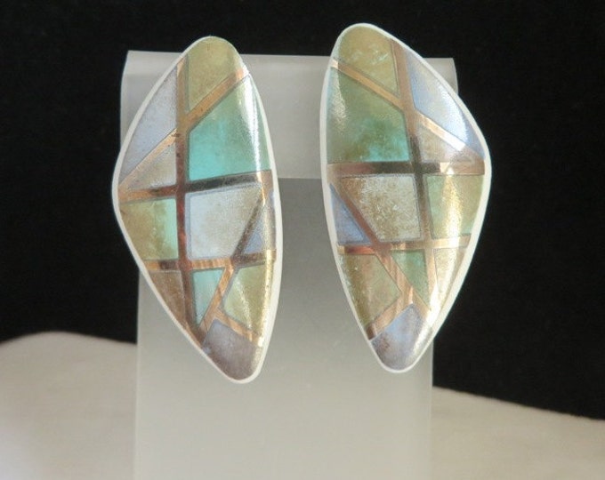 AVON Porcelain Mosaic Earrings, Vintage 1980s Geometric, Green Beige Lavender Clip-ons