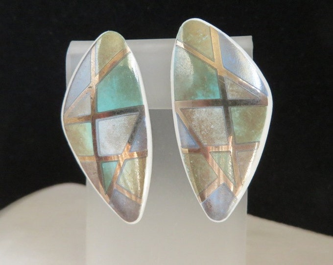 AVON Porcelain Mosaic Earrings, Vintage 1980s Geometric, Green Beige Lavender Clip-ons