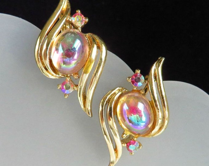 Coro Moonstone Earrings Vintage Gold Tone Rhinestone Clip-on Earrings, Gift idea