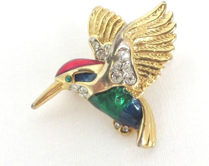 Rhinestone Hummingbird Brooch, Vintage Enameled Bird Pin, Gift for Her