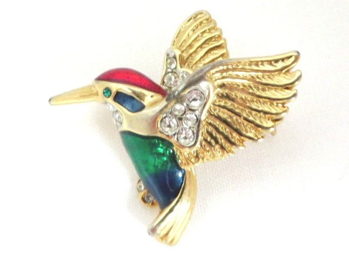 Rhinestone Hummingbird Brooch, Vintage Enameled Bird Pin, Gift for Her