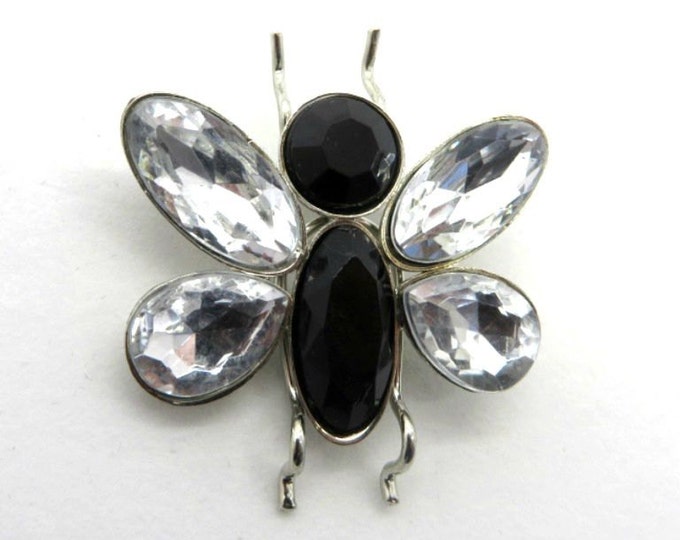 Rhinestone Butterfly Brooch, Vintage Black & White Butterfly, Silvertone Figural Pin