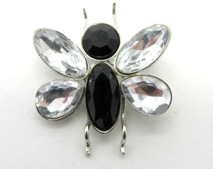 Rhinestone Butterfly Brooch, Vintage Black & White Butterfly, Silvertone Figural Pin