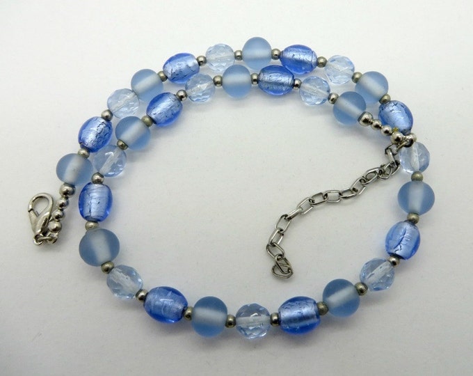 ON SALE! Blue Glass Bead Necklace, Vintage Glass, Plastic, Metal Beaded Choker