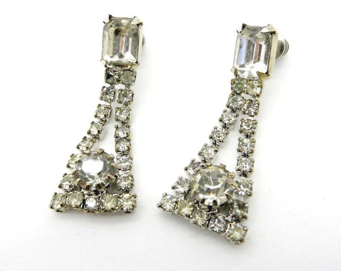 Dangling Rhinestone Bridal Earrings, Vintage Pierced Silver Tone Earrings, Chandelier Studs, Gift for Her