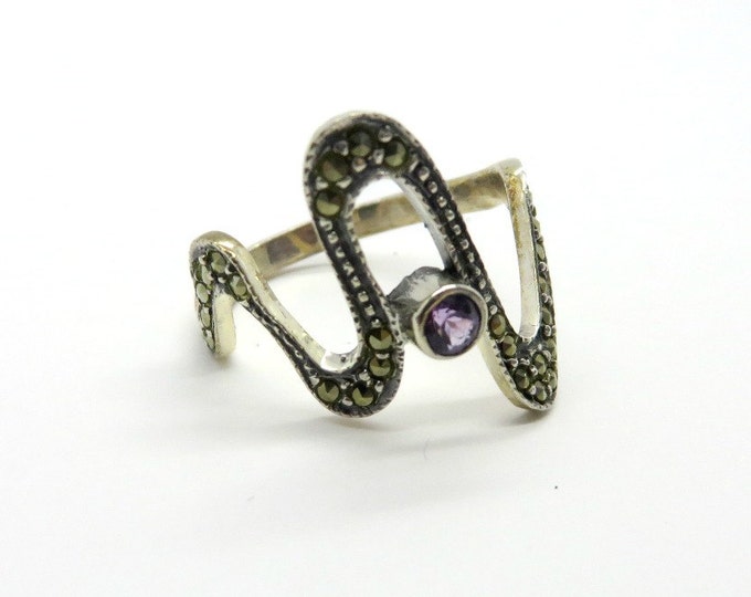 Sterling Silver Abstract Ring - Vintage Amethyst, Marcasite Ring, Signed Designer Ring, Size 7, Gift Box, Perfect Gift, FREE SHIPPING