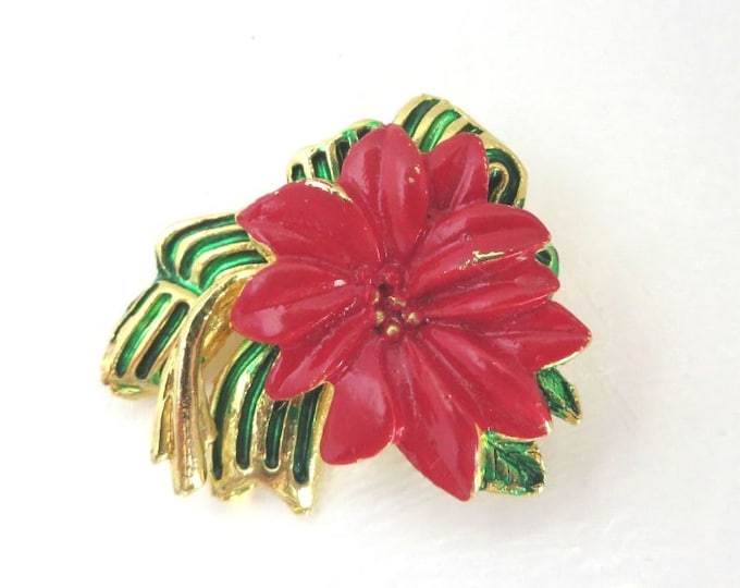 Vintage Brooch - Poinsietta Christmas Brooch, Holiday Pin,Enamel Gold Tone Flower Brooch
