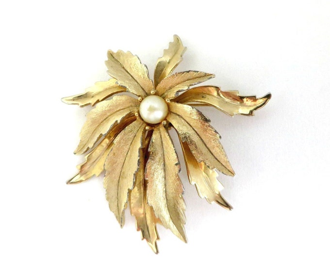 Emmons Brooch - Vintage Flowering Leaf Brooch, Faux Pearl Gold Tone Pin, Gift idea, Gift Box