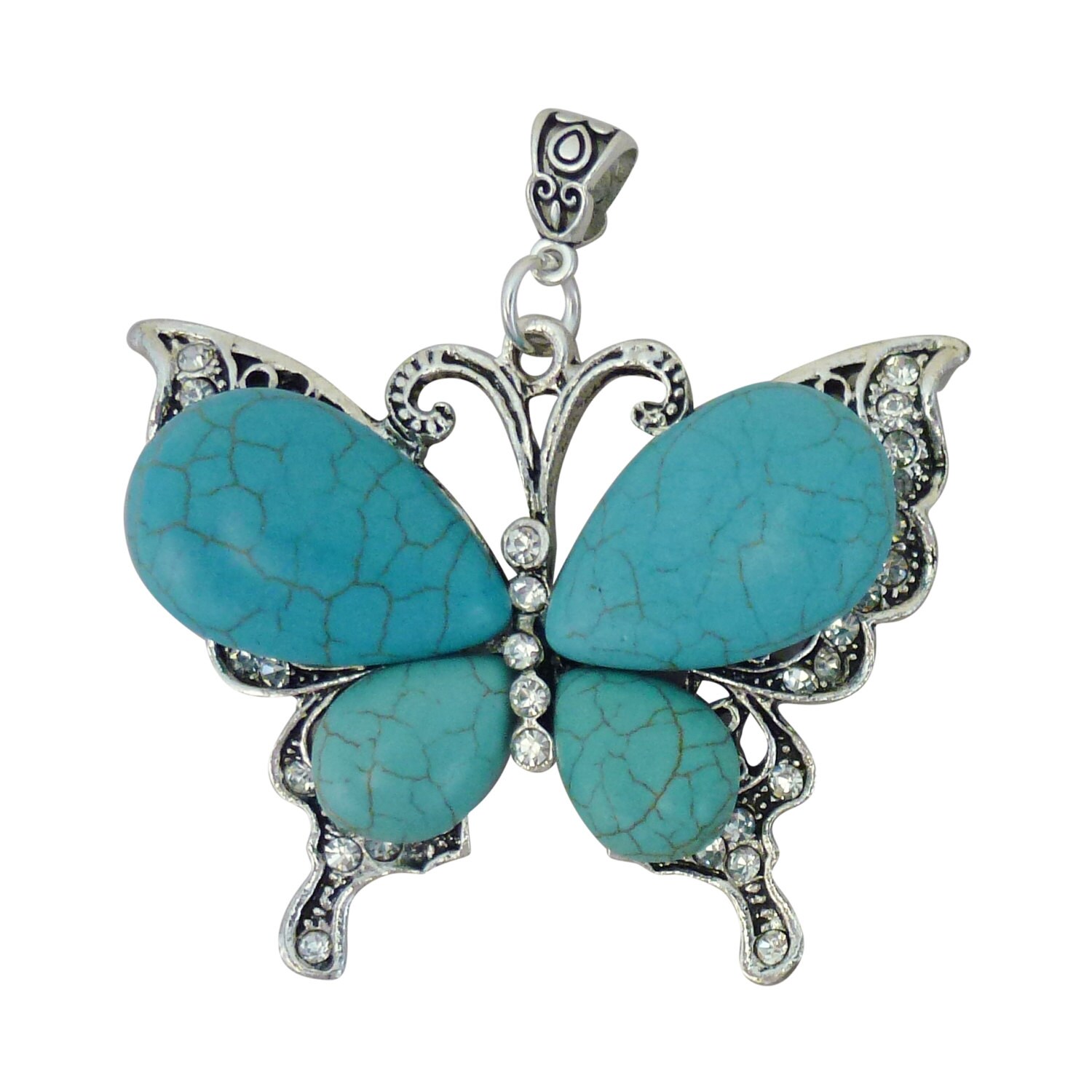 1 Turquoise Silver Butterfly Pendant Extra Large 62x66mm by