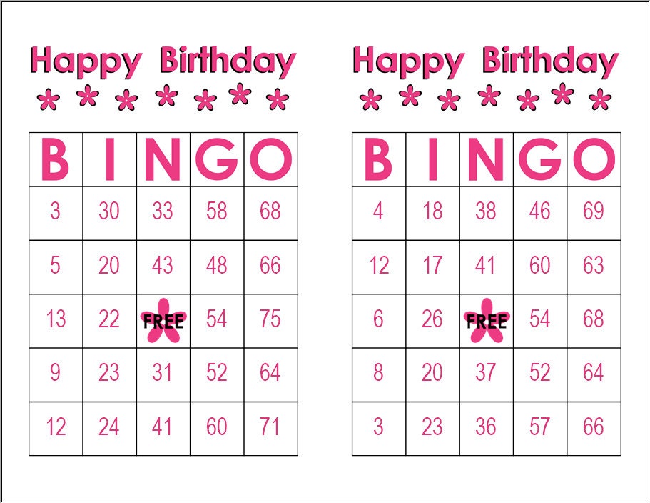 Happy Birthday Bingo Cards Pink Flowers 100 cards to play