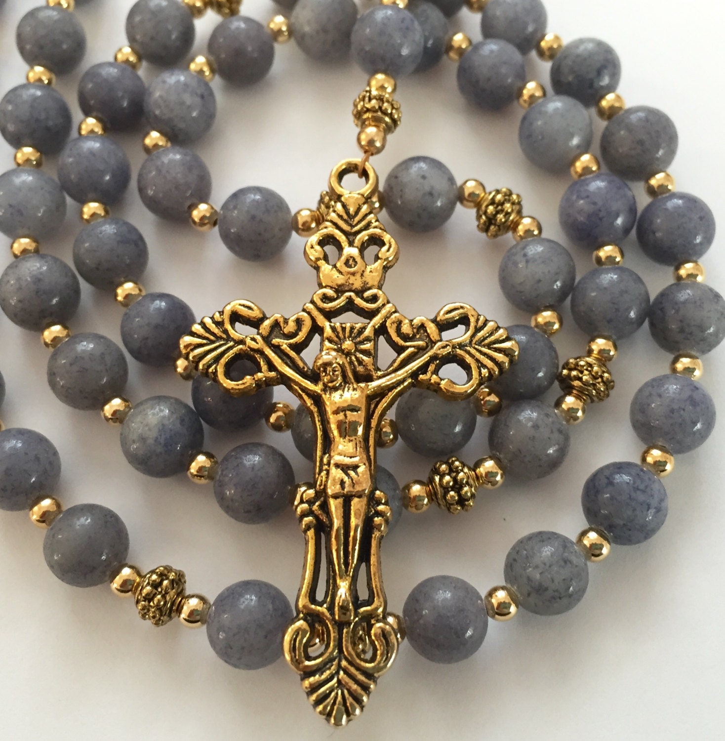 Catholic Rosary Blue Aventurine Beads Vintage Style Gold