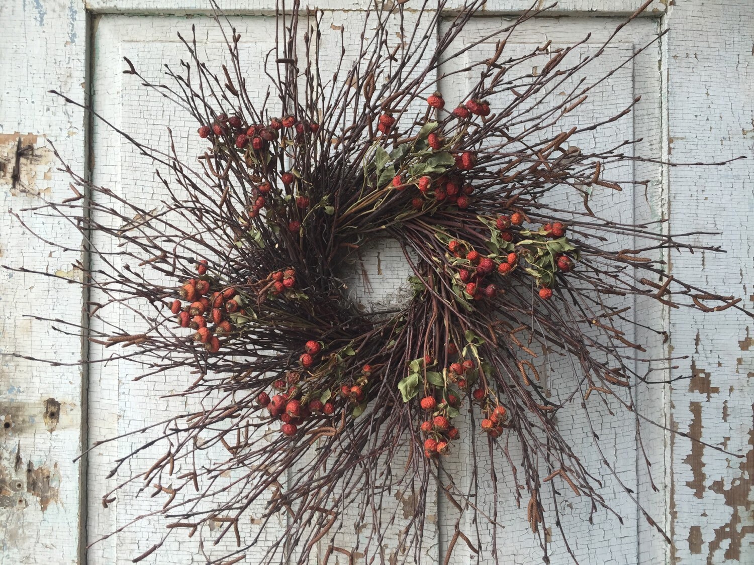 Natural Birch Twig and Natural Dried Rose Hips Wreath