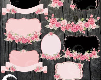 Floral frames and tags clipart, Wedding frames clipart, shabby chic, Roses, labels commercial use, digital clip art, AMB-959
