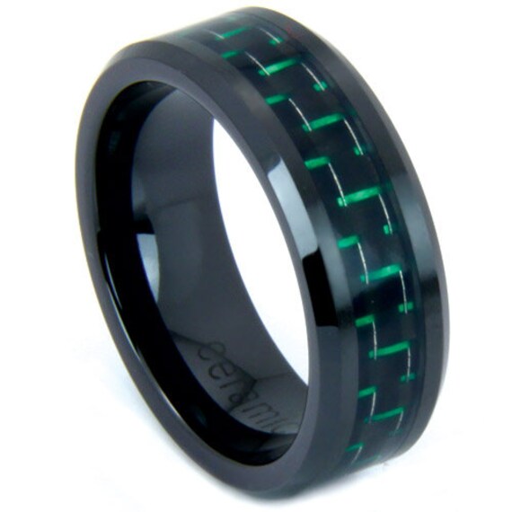 Mens Ring Hi-Tech Black Ceramic Green Carbon Fiber Inlay