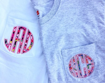 Lilly Pulitzer Inspired Monogrammed Pocket T-Shirt Short or Long Sleeve (Adult Small-3XL)