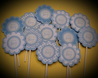 BABY BOY Cupcake Toppers - It's a Boy Cupcake Toppers - Baby Shower Cupcake Toppers Set of 12