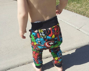 Superhero avengers baby boy girl leggings, toddler superhero leggings, harem baby boy girl leggings, hipster baby boy girl leggings toddler