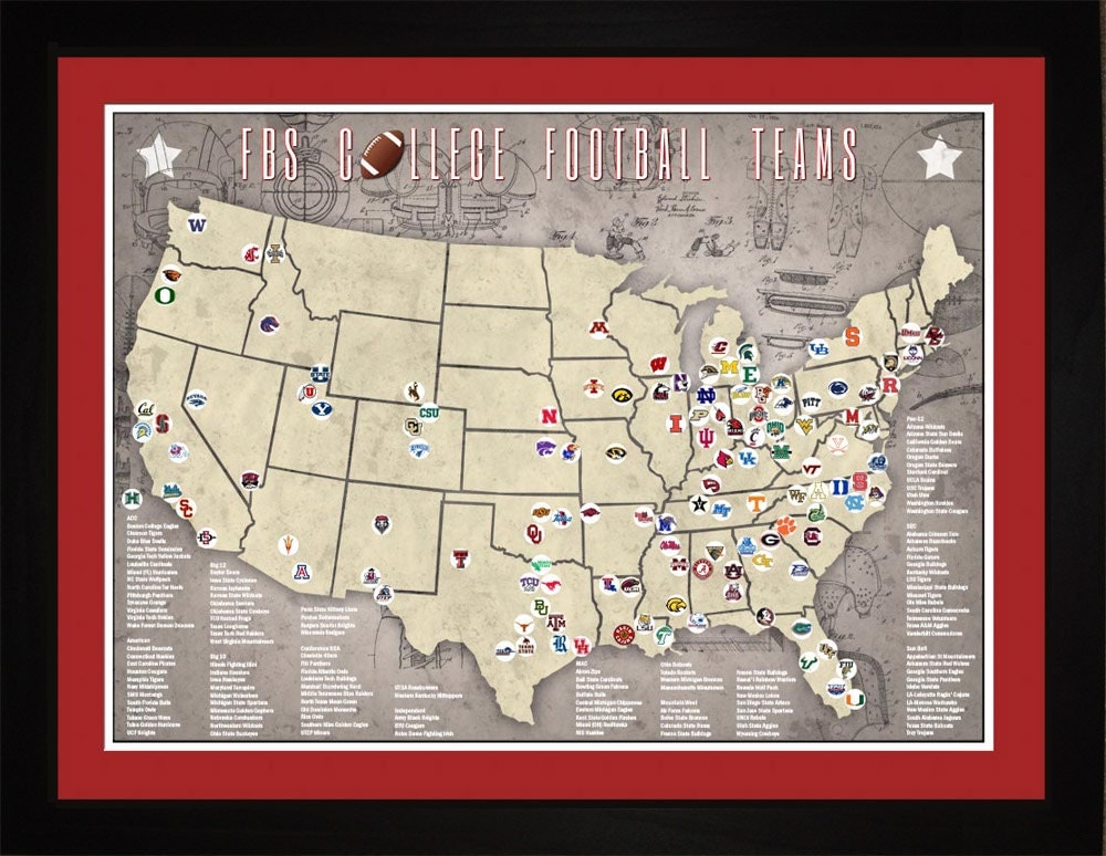 FBS College Football Stadiums Teams Location Map 24x18