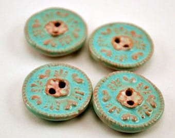 Vintage blue and pink ceramic buttons with impressed floral design, 4