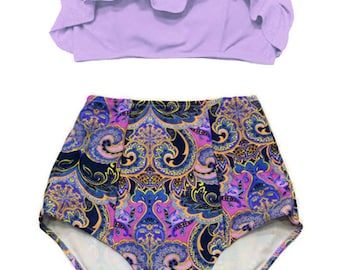 Lavender Ruffle Top and Flora Graphic High Waist Waisted Highwaisted Bottom Vintage Bikini Swimsuit Swim suit Maillot de bain Badeanzug S M