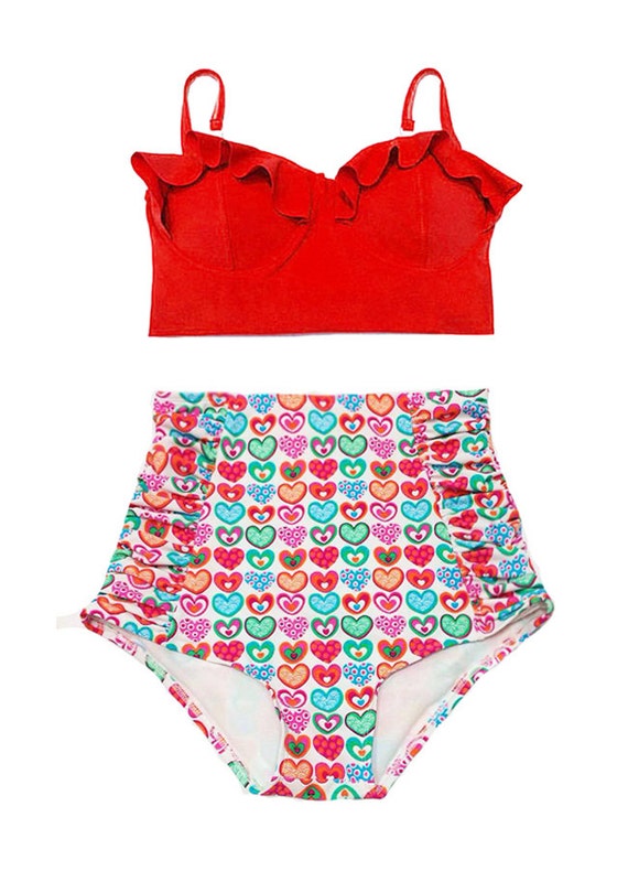 Items similar to Red Midkini Top and High Waisted Waist Shorts Bottom ...