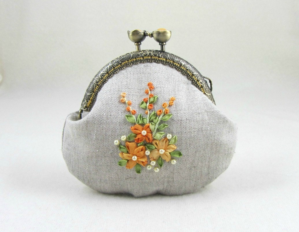 Hand embroidered coin purse embroidered linen purse orange