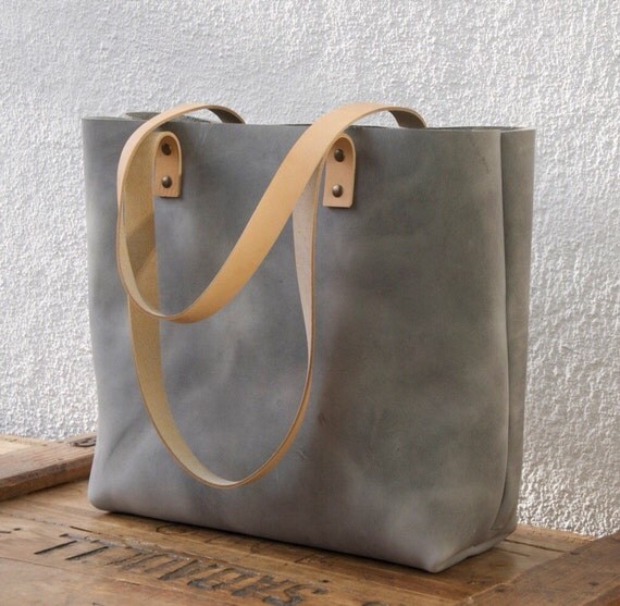 Large Gray Leather tote bag. Sturdy Premium waxed leather.
