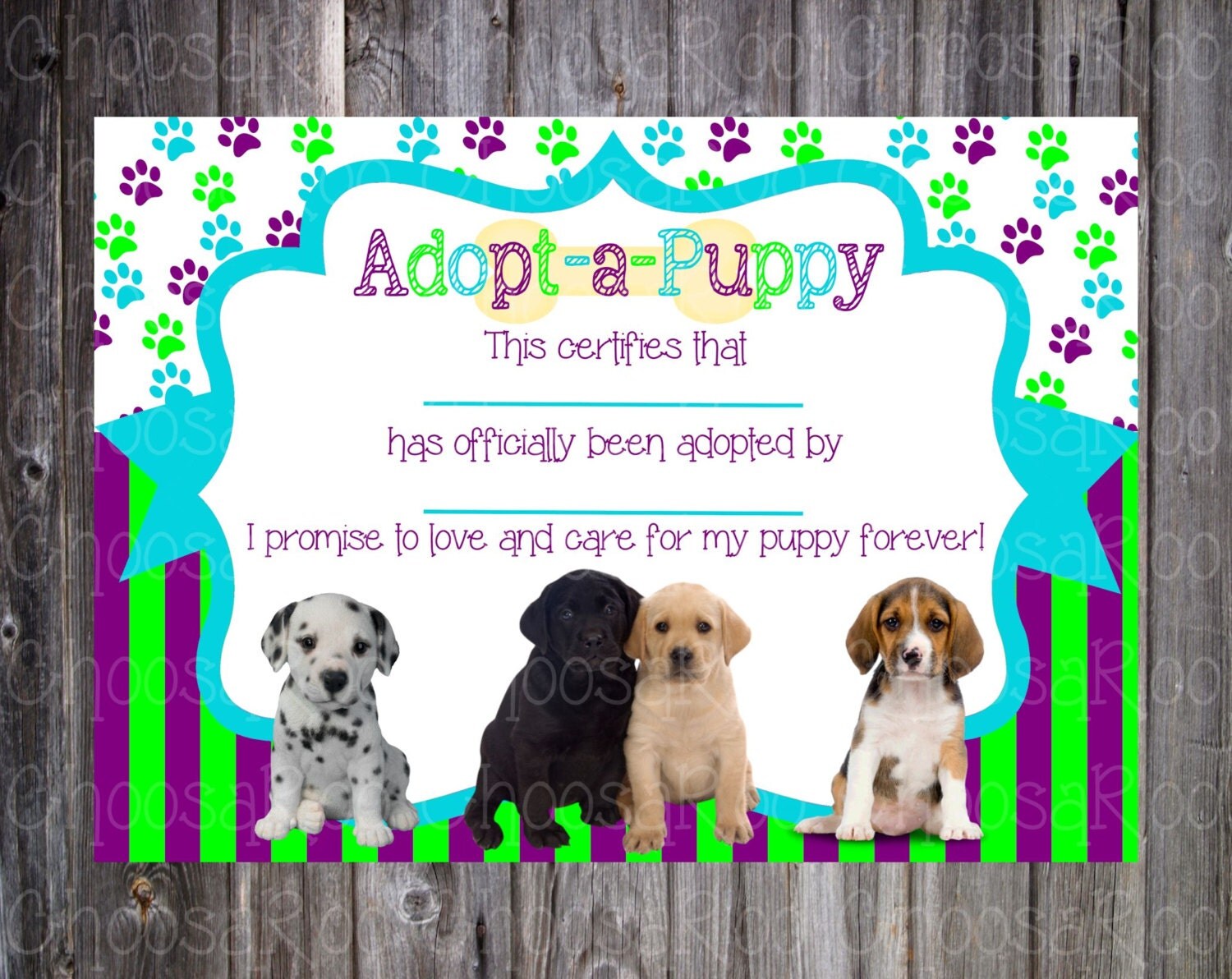 DOG/PUPPY Party Adoption Certificate & Sign Easy to by ChoosaRoo