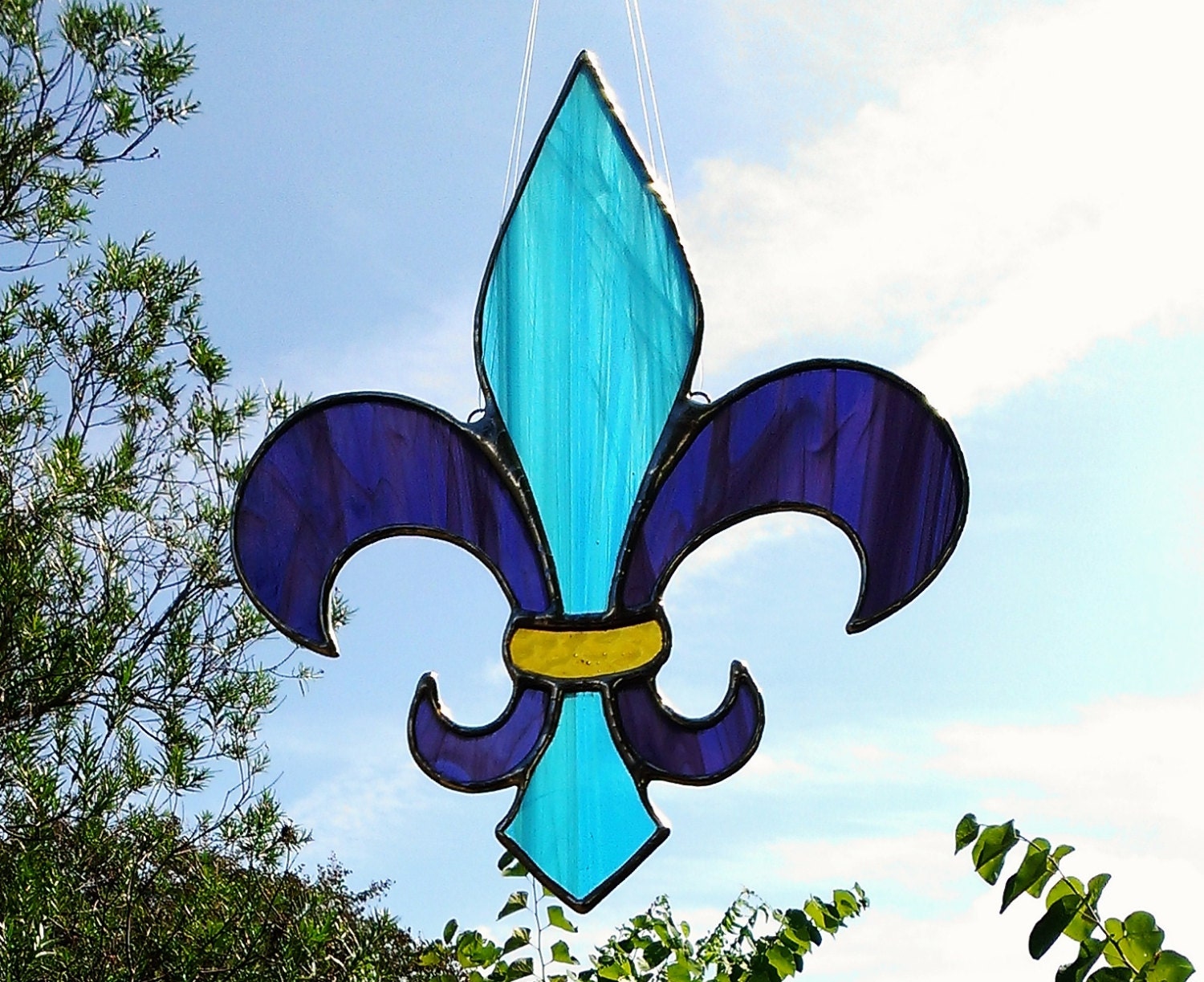 Stained Glass Suncatcher Fleur de Lis Turquoise Purple Tiffany