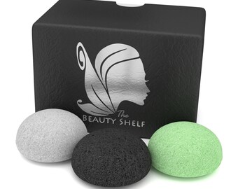 Konjac Sponge (3 Pack) - Facial Sponges - Hemisphere Shape - Charcoal, Green Tea, Natural White by The Beauty Shelf