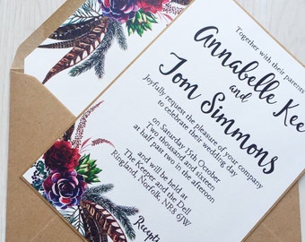 Invitación de boda floral rústico - invitación de la boda de Borgoña guirnalda floral - invitación de la boda rústica - Boho