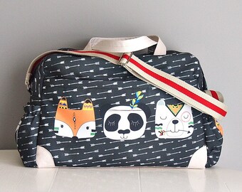 DIAPER BAG Tribal Friends/ Nappy bag featuring Fox, Bear and Panda on chalk black background with white arrows/ mommy bag/sleepover bag