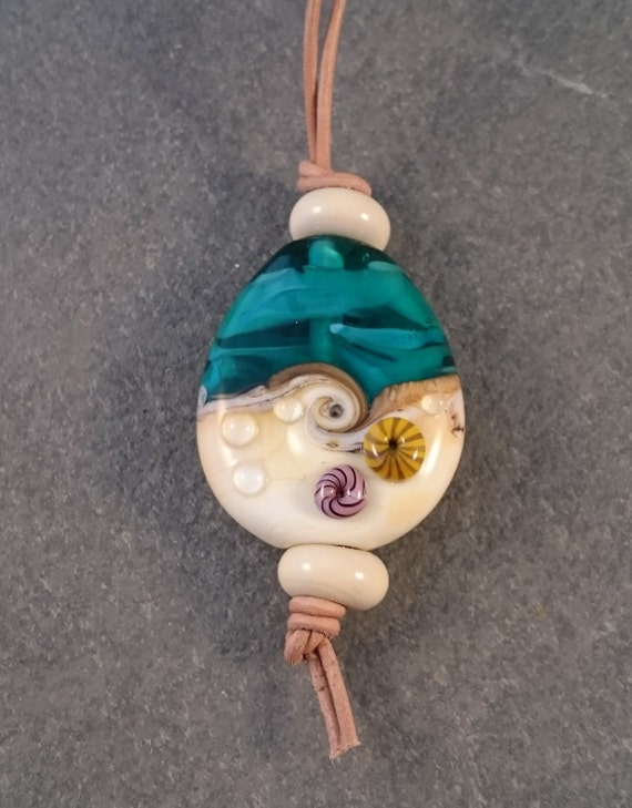 Shell beach murano glass pendant on leather cord