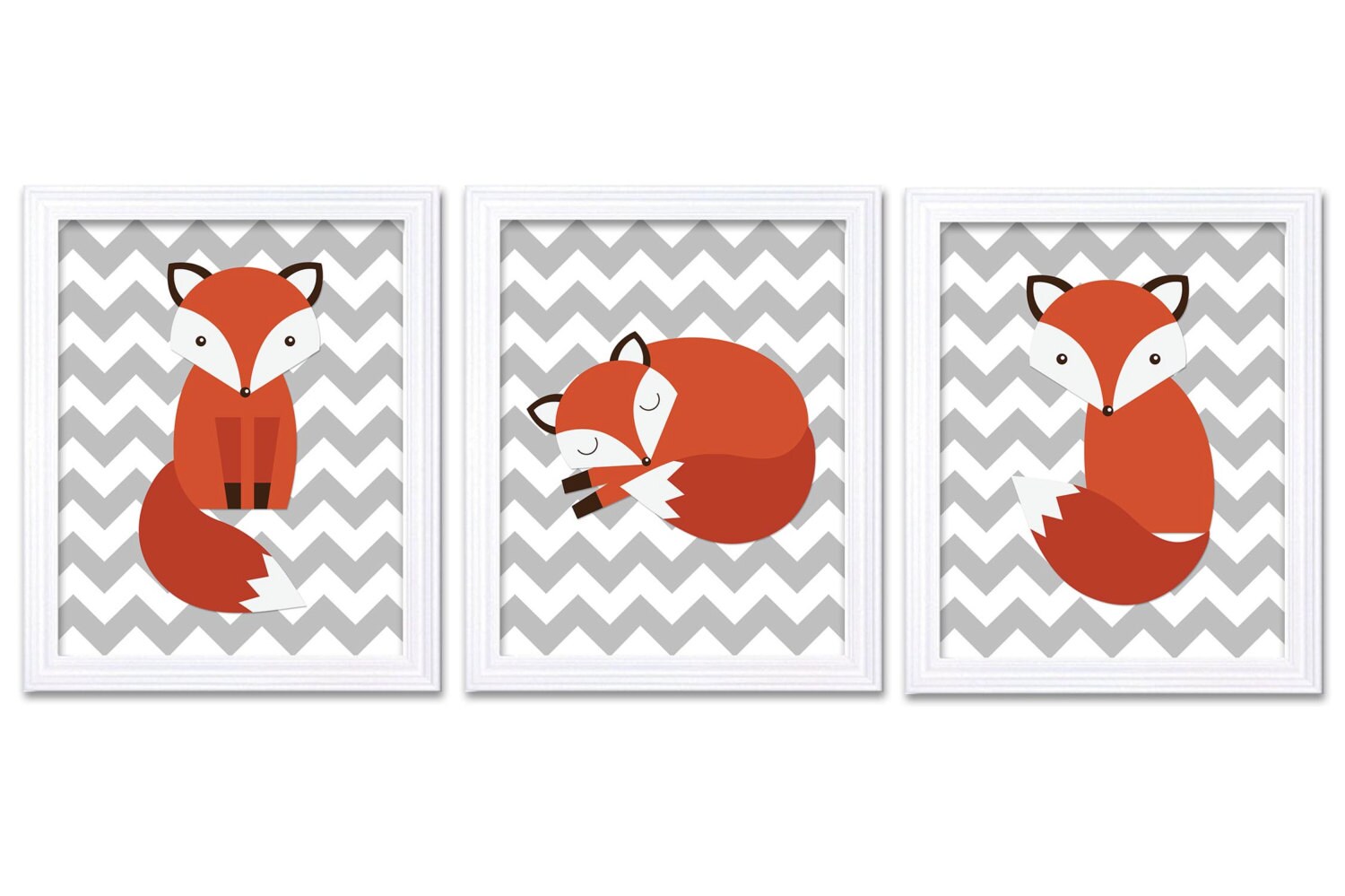 Fox Nursery Art Animal Print Set of 3 Gray Grey Chevron Woodland Forest Animals Wall Decor Children 