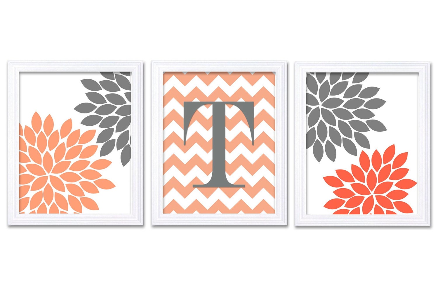 Grey Coral Nursery Art Set of 3 Prints Custom Letter Monogrham Chrysanthemum Flowers Baby Girl Wall 