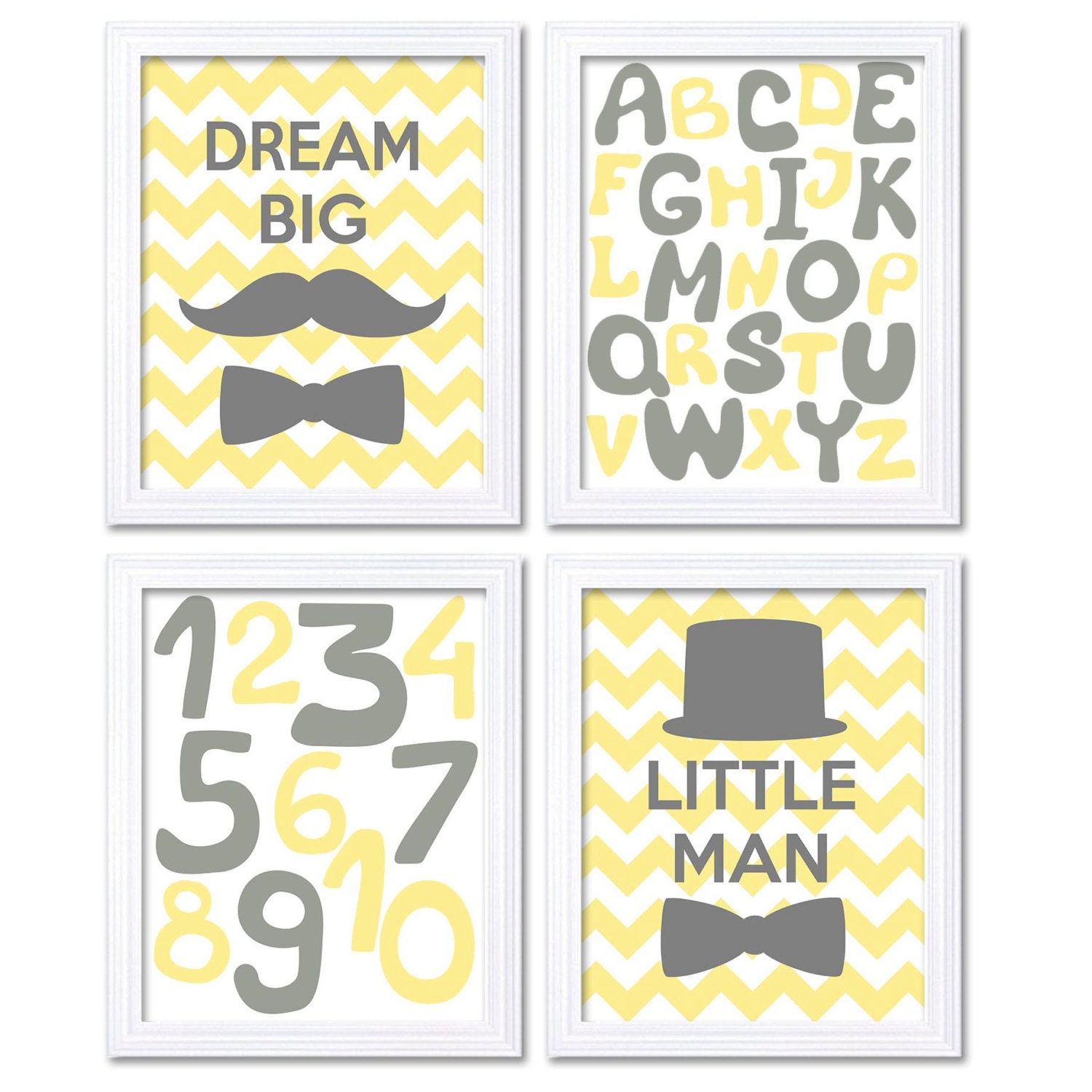 Little Man Art Nursery Art Grey Yellow Nursery Print Set of 4 Alphabet Numbers Mustache Bowtie Child
