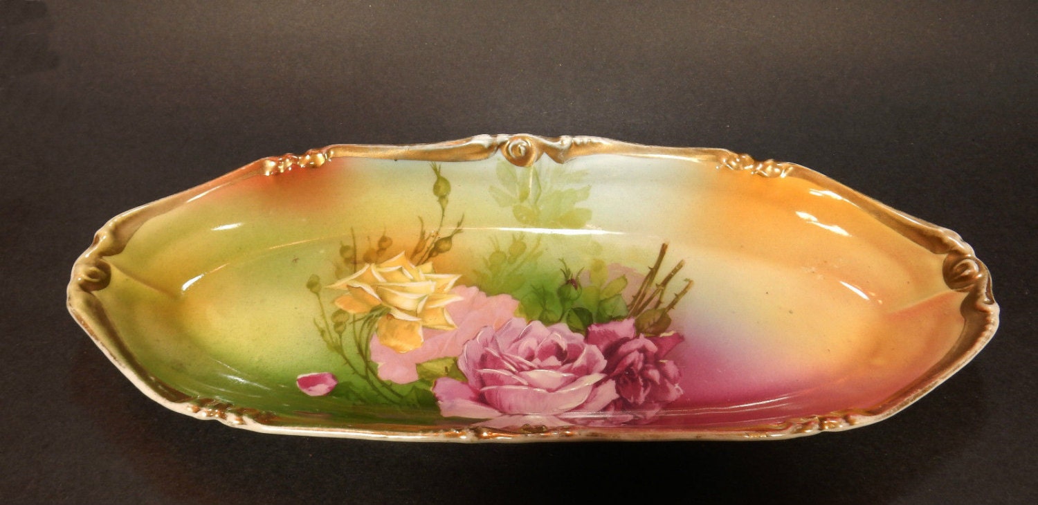 Vintage Celery Dish Hand Painted Porcelain Roses Gold Trim
