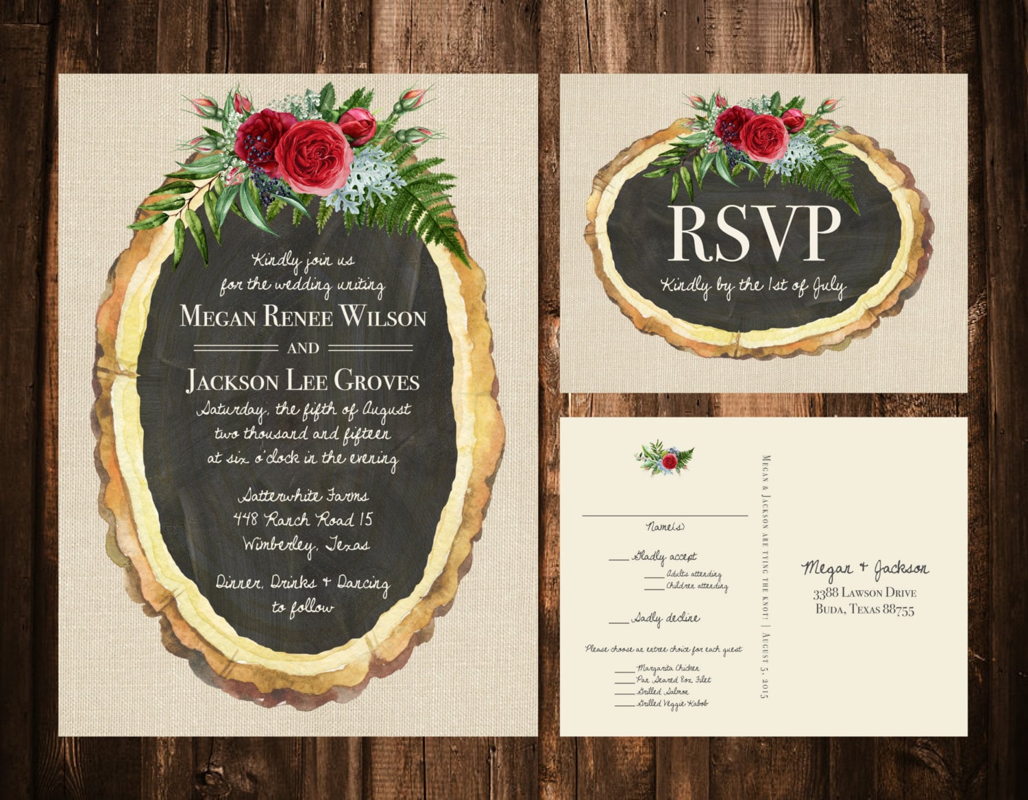 Wood Slice + Christmas Florals Wedding Invitations; Rustic, Bohemian; Holiday