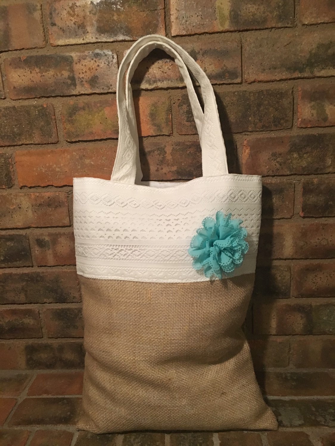 White lace and burlap tote bag beach bag by PearlsAndSunshine