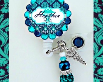 Navy and Teal Retractable ID Badge Reel - Personalized Rhinestone Nurse Badge Holder, Damask Badge Reel (E02)
