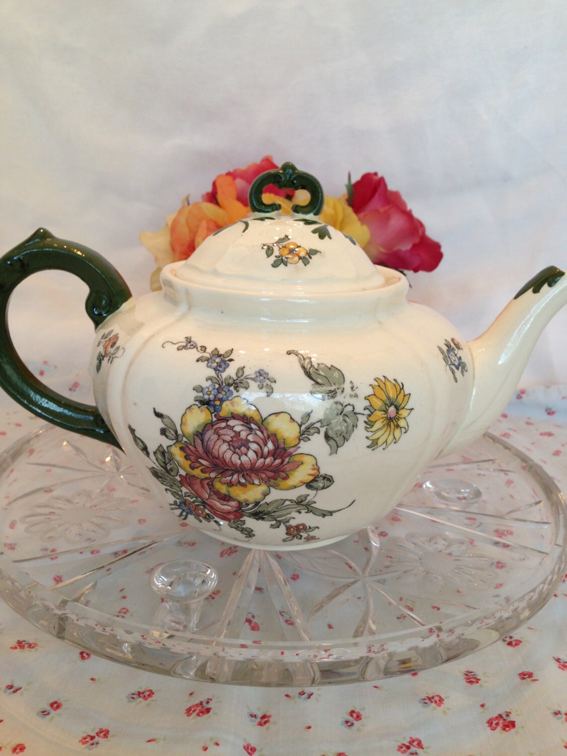 Vintage Pottery Villeroy and Boch Teapot Mettlach Made in Germany Green Mercury Mark 1552