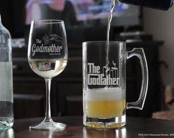 Christening Gift for Godfather & Godmother, Baptism Gift for Godparents, Tall Wine Glass and Beer Stein, Will You Be My Godparent Gift Set
