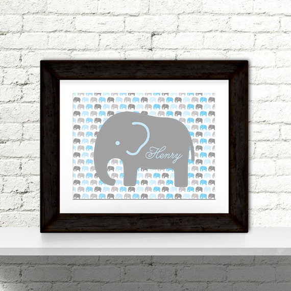 Blue Baby Elephant Nursery Decor, Baby Boys Bedroom Art, Blue and Gray